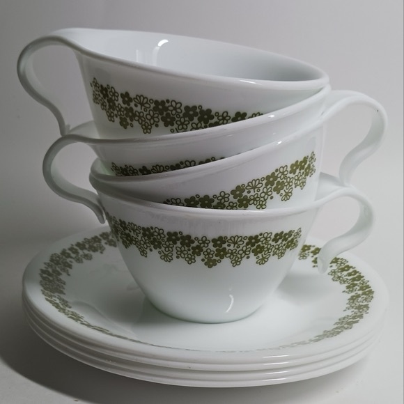 4 Corelle Crazy Daisy Spring Blossom Green White Flowers Hook Cup Saucer Vintage